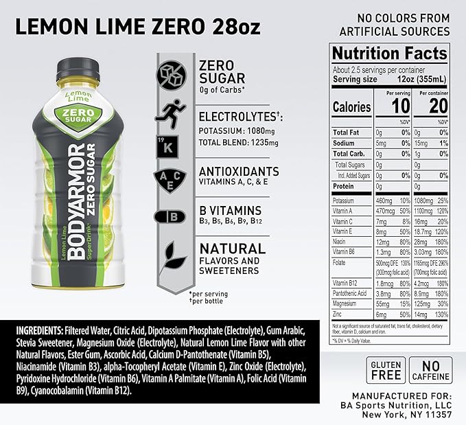 BODYARMOR ZERO Sugar Lemon Lime, Sugar Free Sports Drink - Low-Calorie Hydration - Natural Flavors with Potassium Packed Electrolytes, Antioxidants, and B-vitamins, 28 fl oz (Pack of 12)