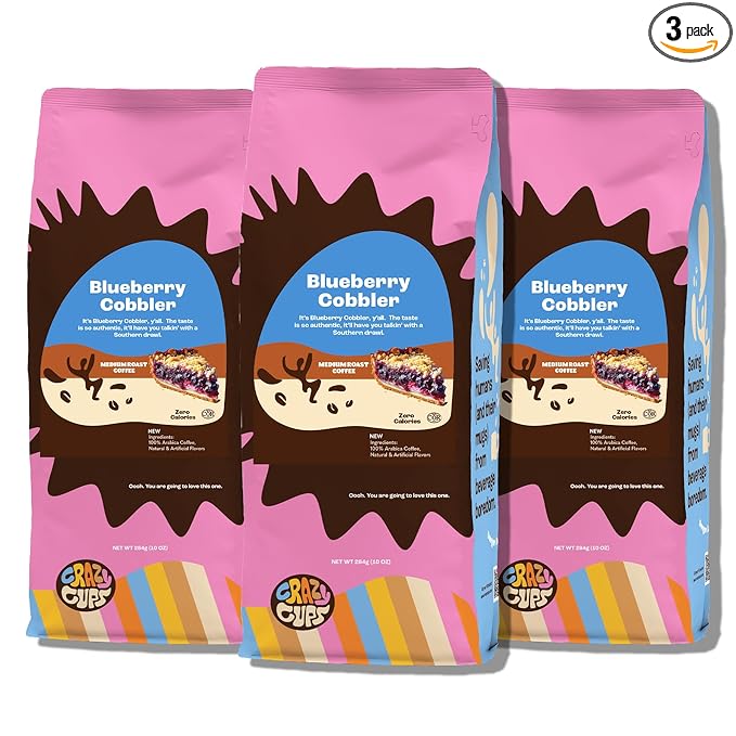 Crazy Cups Flavored Ground Blueberry Coffee, Blueberry Cobbler Coffee in 10 oz Bag, For Brewing Flavored Hot or Iced Coffee, 3 Pack