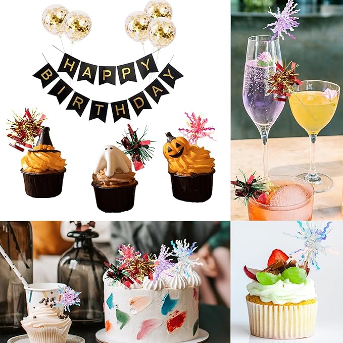 50 Pcs Foil Firework Cupcake Toppers, Glitter Sparkle Tinsel Frill Toothpicks for Cake Cocktail Food Fruit Decoration (Red, Green, Orange, Bright Purple, White)