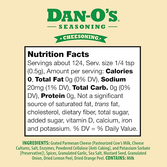 Dan-O's Cheesoning Seasoning, 2.2 oz Bottle, All Purpose Seasoning for Pizza, Popcorn, Chicken, Bread and More, Sugar Free, Zero Calorie, Parmesan Cheese Replacement for your Favorite Foods
