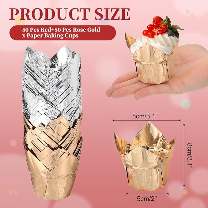 uxcell 100 Pcs Tulip Cupcake Liners, Muffins Liners Aluminum Foil Cupcake Wrappers Baking Cups Muffins Liners for Wedding Birthday Party Supplies, Silver/Champagne Gold