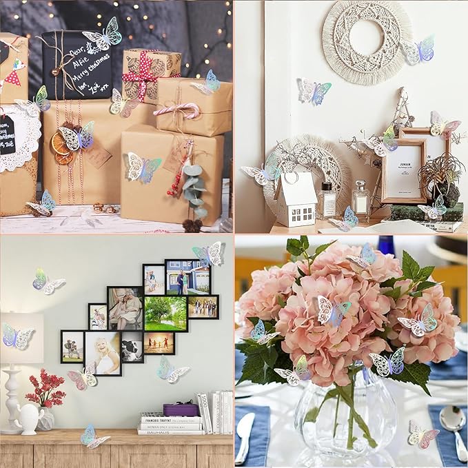 72 Pcs Butterfly Decorations - 3 Sizes, 3 Styles Wall Decor - Rainbow Silver