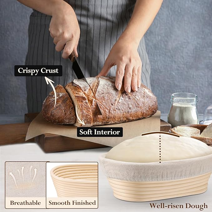 P&P CHEF Sourdough Bread Proofing Basket Set of 4, 10 Inch Oval Dough Proofing Bowls, Sourdough Bread Baking Supplies for Bakers, Handmade Rattan Baskets with Cloth Liner