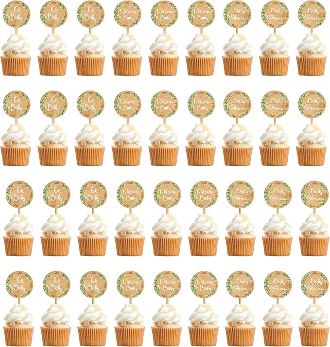 36 PCS Baby Shower Party Cupcake Toppers Oh Baby Cake Cupcake Decorations in Wood (Design A)