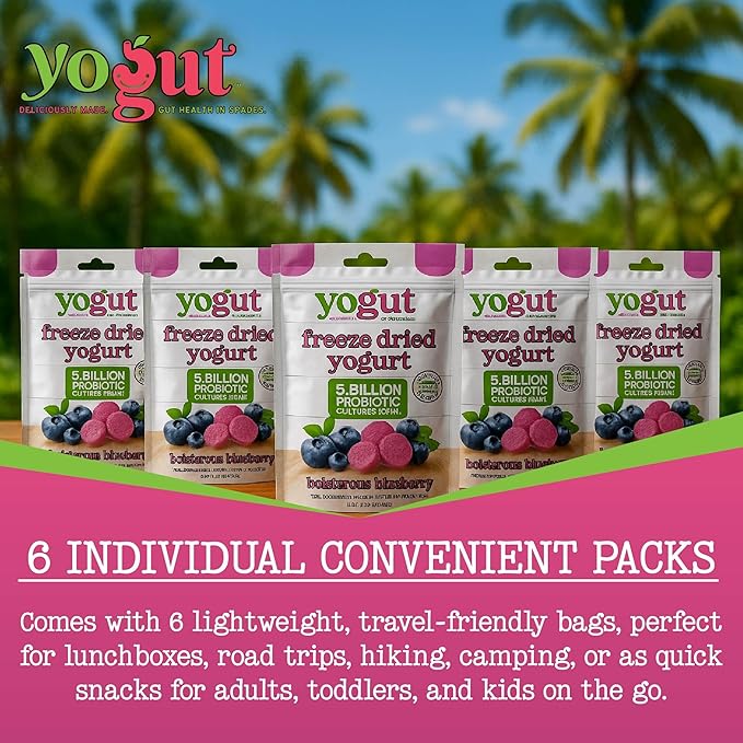YoGut Freeze Dried Yogurt Snack, Blueberry, 6 Pack, Healthy Snacks for Kids, Toddlers & Adults, Gluten Free, Non GMO, With 5 Billion Live Probiotics, Vitamins & Minerals, Individual Snack Packs