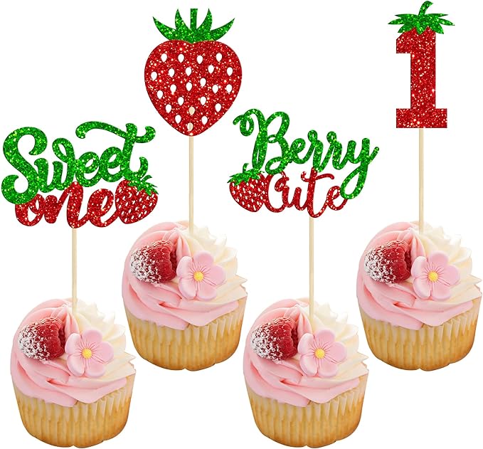 24Pcs Sweet One Cupcake Toppers Glitter First Birthday Strawberry Cupcake Picks for Fruit Baby Shower 1st Birthday Berry Sweet Cupcake Decorations Party Supplies Green