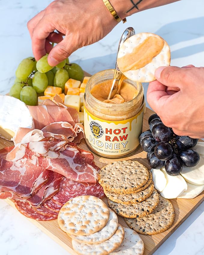 Sauce Bae Hot Raw Honey - Unfiltered & Unpasteurized, 100% USA White Clover, Perfect for Charcuterie & Sandwiches - 12 Oz