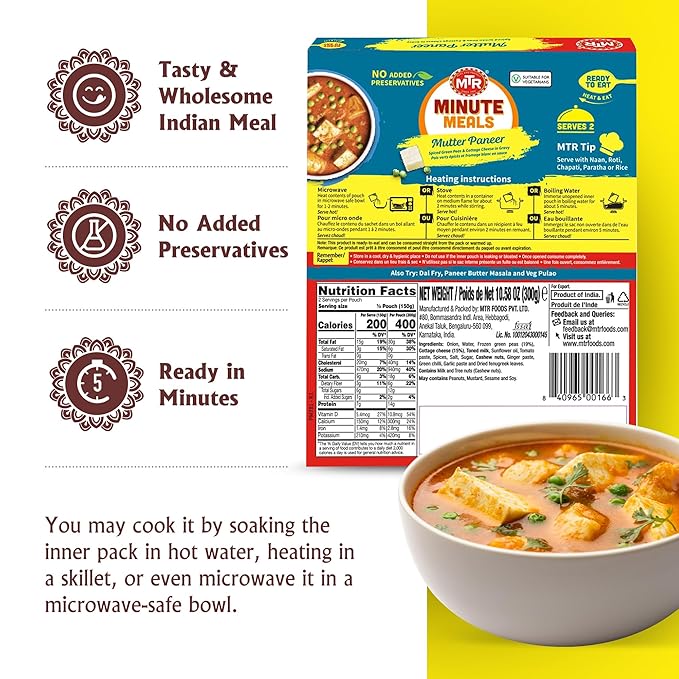 MTR - Minute Meals: Mutter Paneer - Spiced Green Peas & Cottage Cheese in Gravy - Tasty Indian Meal with No Added Preservatives - A Quick Meal Suitable for Vegetarians, Ready in Minutes! (Pack of 6)