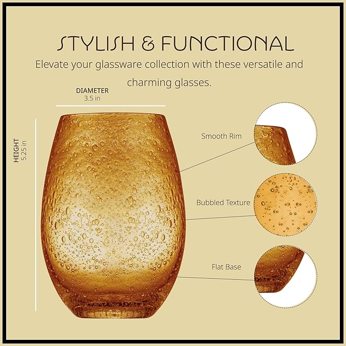 Artland Stemless Wine Glass, Set of 4 | Iris Seeded Design, Amber | Drinking Glass for Parties and Everyday Use - Wine, Champagne, Cocktail | Glassware & Barware Essentials