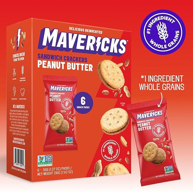 Mavericks Sandwich Crackers Peanut Butter - Plant-Based Peanut Butter Sandwich Snack Crackers, Whole Grain, Non-GMO - Back to School - 6 Boxes (36 Snack Packs)