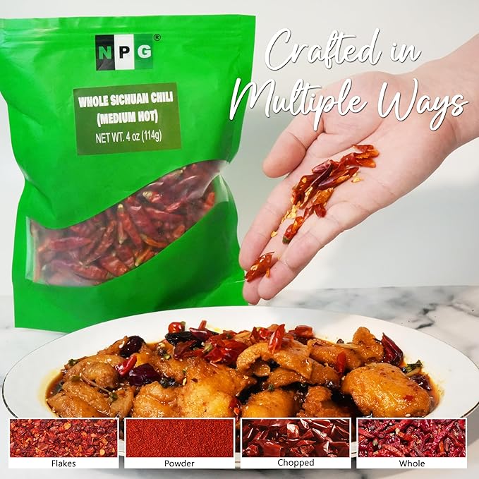 NPG Sichuan Red Chili Peppers 4 Ounces, Medium Hot, Premium Szechuan Dried Red Chilies for Chili Oil, Paste, and Sauce, Used in Mexican, Chinese, Thai Dishes