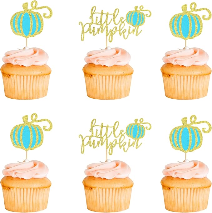 24Pcs Little Pumpkin Cupcake Toppers Fall Pumpkin Cupcake Picks for Thanksgiving Halloween Baby Shower Kids Birthday Party Cake Decorations Supplies - Bule Glitter
