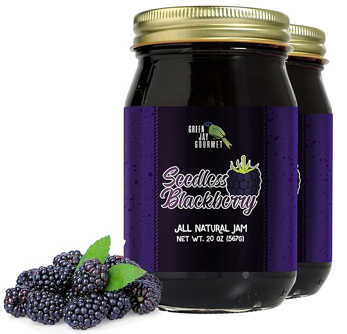 Green Jay Gourmet Seedless Blackberry Jam - All-Natural Fruit Jam with Blackberries & Lemon Juice - Vegan, Gluten-free Jam - Contains No Preservatives or Corn Syrup - Made in USA - 2 x 20 Ounces