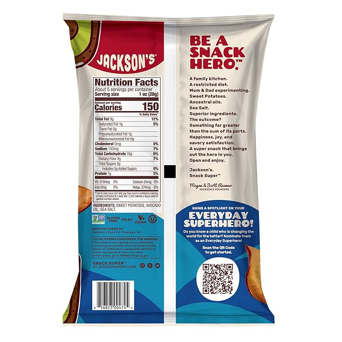 Jackson???Sweet Potato Kettle Chips with Sea Salt made with Premium Avocado Oil (5 oz, Pack of 12) - Allergen-friendly, Gluten Free, Peanut Free, Vegan, Paleo Friendly - Shark Tank Product