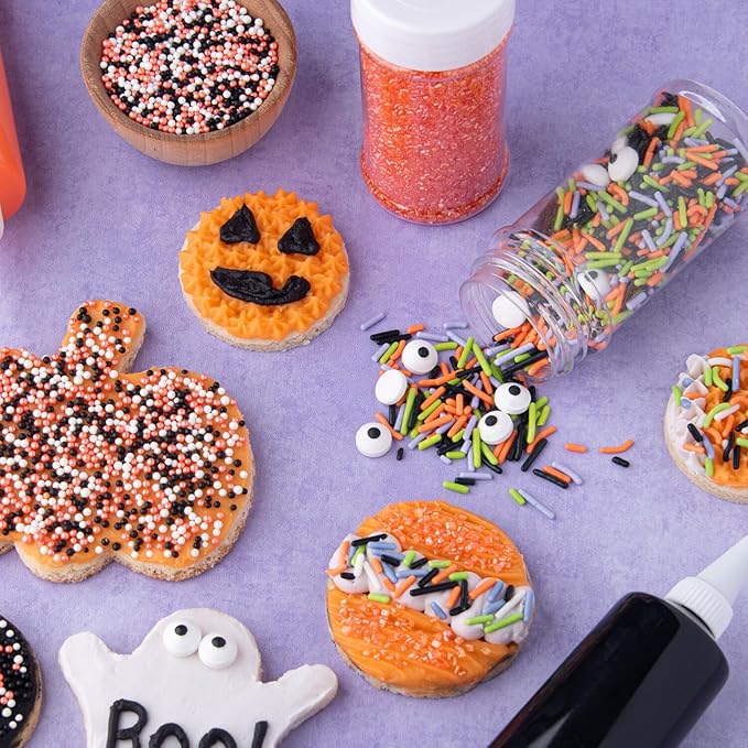 Sweets Indeed Halloween Sprinkles 4-Pack ??10.90 oz Jar Set | Candy Eyeball Mix, Bat & Pumpkin Quin Mix, Orange Sanding Sugar & Black/White/Orange Nonpareils | Cupcake & Cookie Decorations