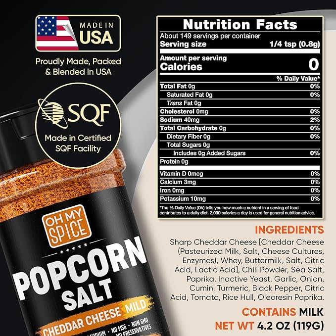 Popcorn Seasoning Cheddar Cheese Powder Mix - Gluten Free & Low Sodium Mild Nacho Cheese Powder Flavor Popcorn Flavoring Seasoning. Movie Theater Pop Corn Toppings. Hot Pop Corn Salt Seasonings. 4.2oz