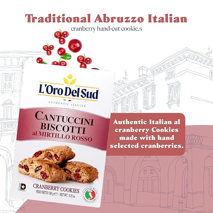 L'Oro Del Sud Cranberry Biscotti, Cantuccini d'Abruzzo, Italian Cookies Madewith Real Quality Ingredients, 180 G, 6.3 oz