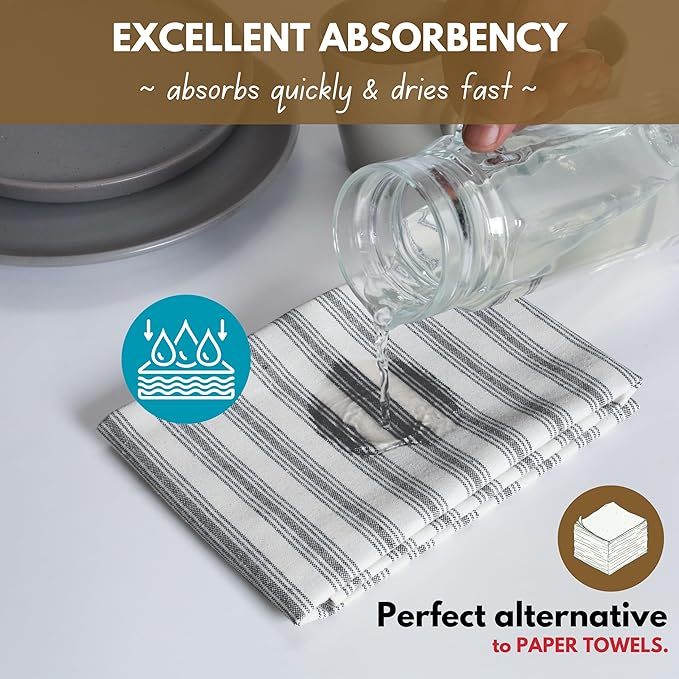 Native Fab 4 Pack Farmhouse Modern Stripe Kitchen Dish Towels Cotton Super Absorbent Quick Drying Reusable 18x26 Inches - Bar Hand Towels, Kitchen Cleaning Towels with Hanging Loop, Zaha Black