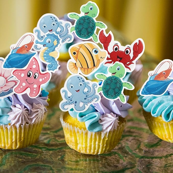 Rsstarxi 56 Pack Edible Ocean Animal Cupcake Toppers Sea Ocean Theme Birthday Cake Decorations Turtles Octopus Seahorse Cupcake Picks for Under the Sea Theme Baby Shower Birthday Party Decorations