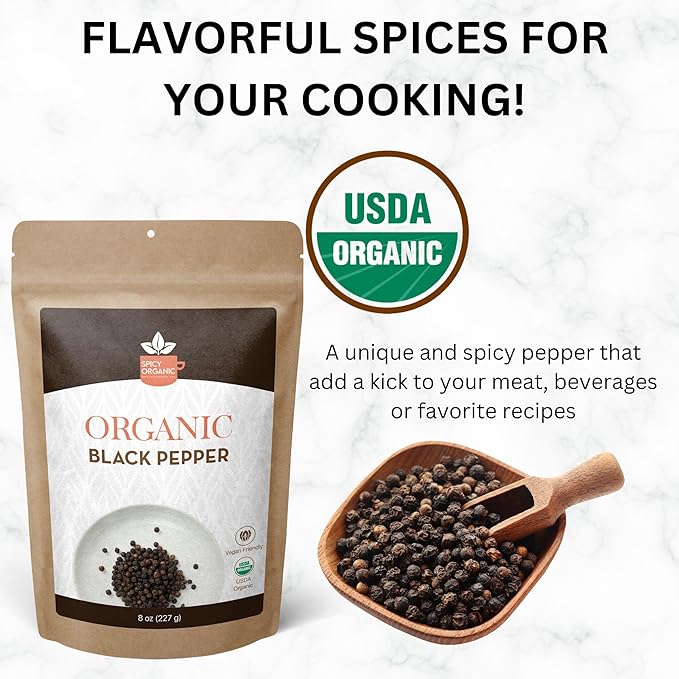 SPICY ORGANIC Black Peppercorns ??4 oz - Whole, Fresh, and Spicy Black Pepper for Grinder Refill, Premium Ceylon Quality, USDA Certified Organic, Gluten-Free, and Kosher