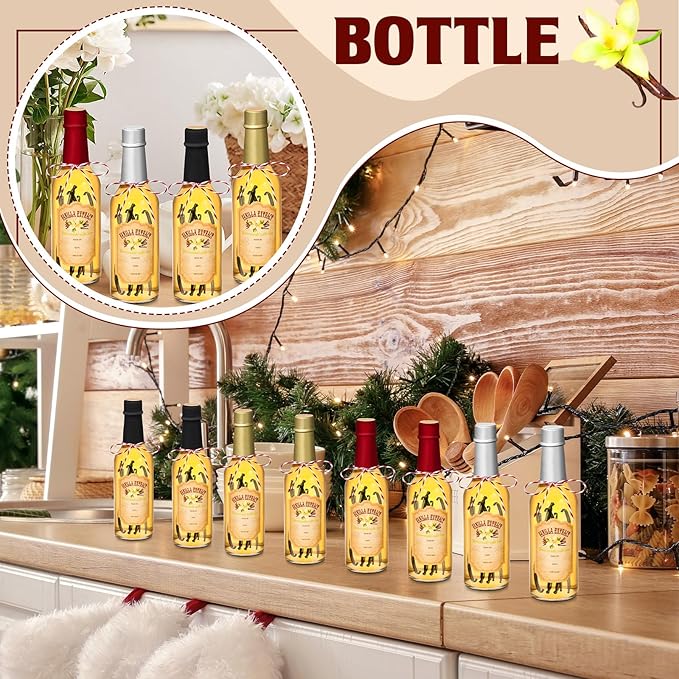 Tioncy 16 Pcs Vanilla Extract Bottles for Homemade Vanilla Jar Glass Bottle with Cap, Shrink Band, Sticker Syrup Gift Food Storage Canister for Bean Sauce Spice(Multicolour,8.5 oz)