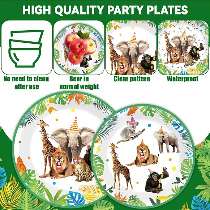 96Pcs Jungle Birthday Party Plates and Napkins Safari Animals Themed Party Decorations Jungle Theme Party Disposable Tableware Set for 24 Guests Wild Animals Gold Safari Zoo Birthday Favors Supplies