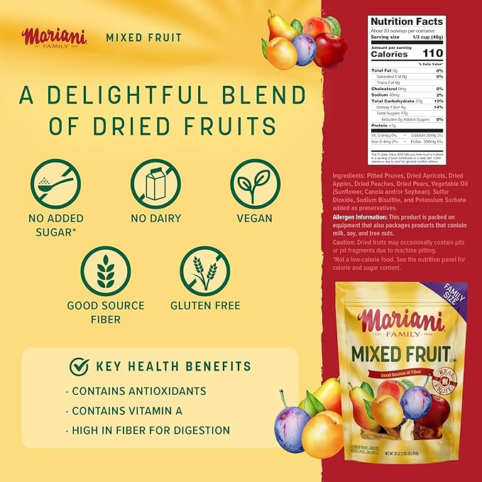 Mariani Mixed Fruit - 30oz Bulk Bag, Dried Fruit Mix No Sugar Added - Pears, Plums, Peaches, Apricots, Apples - American Made Quality Dried Fruit Snacks,Perfect for Trail Mix, Salads, Yogurt, Dessert