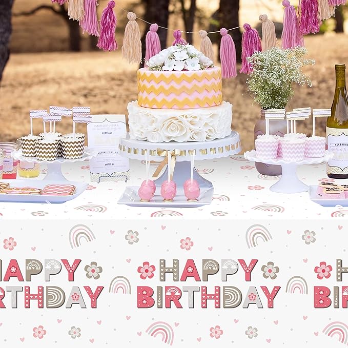 3Pcs Boho Rainbow Party Tablecloths Pink Boho Birthday Table Covers Retro Hippie Themed Party Decorations Plastic Disposable Rectangular Table Cloth Decor for Kids Birthday Baby Shower Supplies