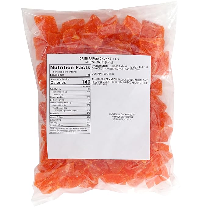 Dried Papaya Chunks, 1 Pound Bag, The Hampton Popcorn & Candy Company