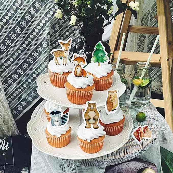 40Pcs Edible Animal Cupcake Toppers Wafer Paper Woodland Cupcake Toppers Picks for Animal Drink Topper Baby Shower or Birthday Party Decoration