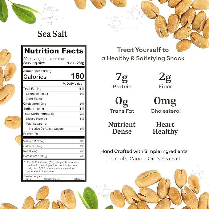 Belmont Peanuts Gourmet Sea-Salted Virginia Peanuts, 20 oz (1 Pack) ??Only 3 Simple Ingredients, No Preservatives, 7g Protein ??A Premium, Salty, Crunchy, Hand Seasoned Snack