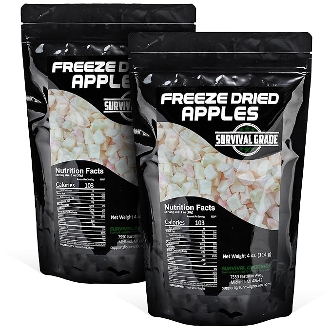 Survival Grocery® Freeze Dried Apples - Non-GMO, Gluten-Free, Unsweetened Diced Apple Pieces - Natural Freeze Dried Fruit For Oatmeal, Granola, Smoothies, Baking Or On-the-go Snacking (8 oz./2 Bags)