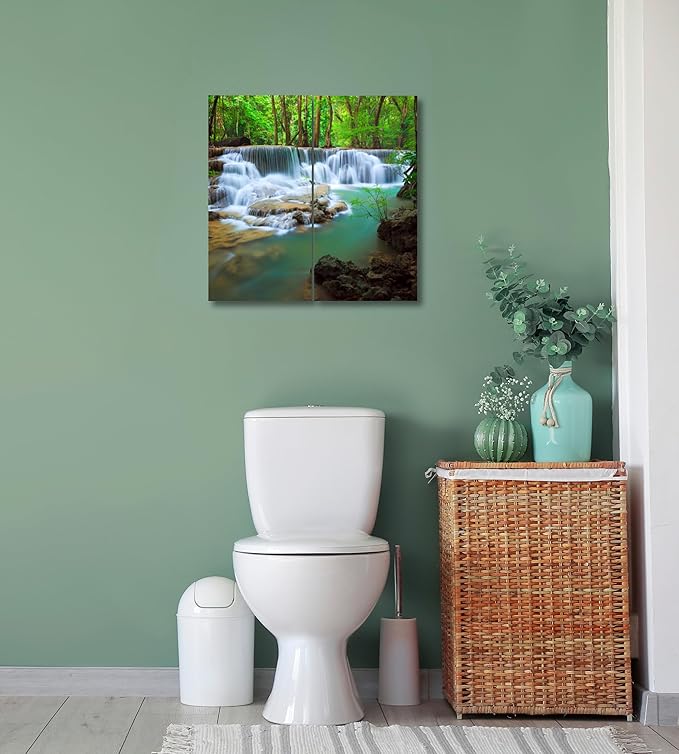 Waterfall Canvas Wall Art Decor - 2 Piece Set, Decorative Multi Panel Split Prints - Forest Landscape Picture for Living Room, Kitchen, Bedroom, Office & Home Decor Gift