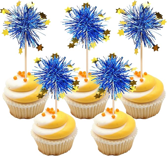 Rsstarxi 30 Pack Foil Firework Cupcake Toppers Sparkle Tinsel Drink Cake Decorations Cocktail Food Toothpicks for Happy Valentine's Day Birthday Wedding Graduation Party Decorations Blue