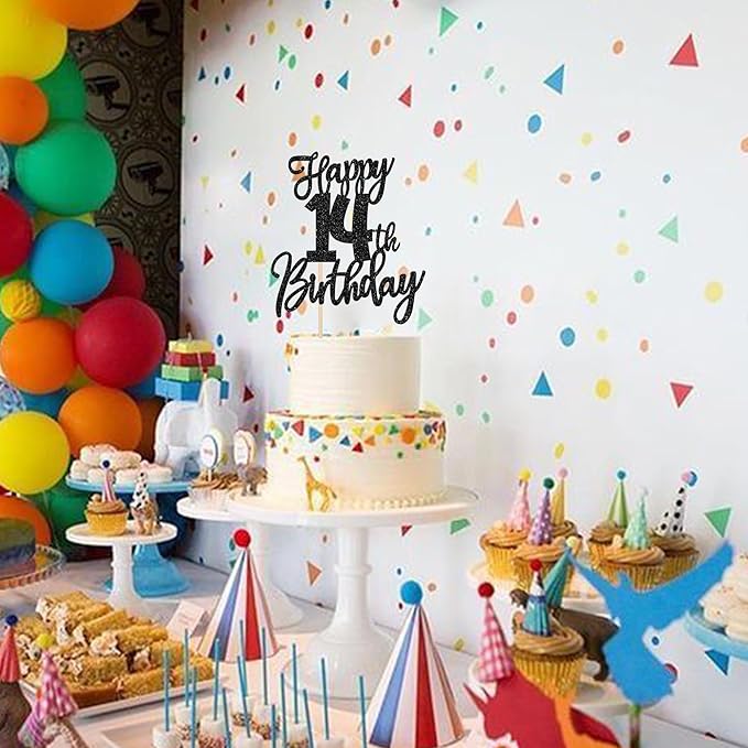 1 PCS Happy 14th Birthday Cake Topper Glitter Cheers to 14 Years Birthday Cake Pick Fourteen Hello 14 Fabulous Cake Decoration for Happy 14th Birthday Anniversary Party Decorations Supplies Black