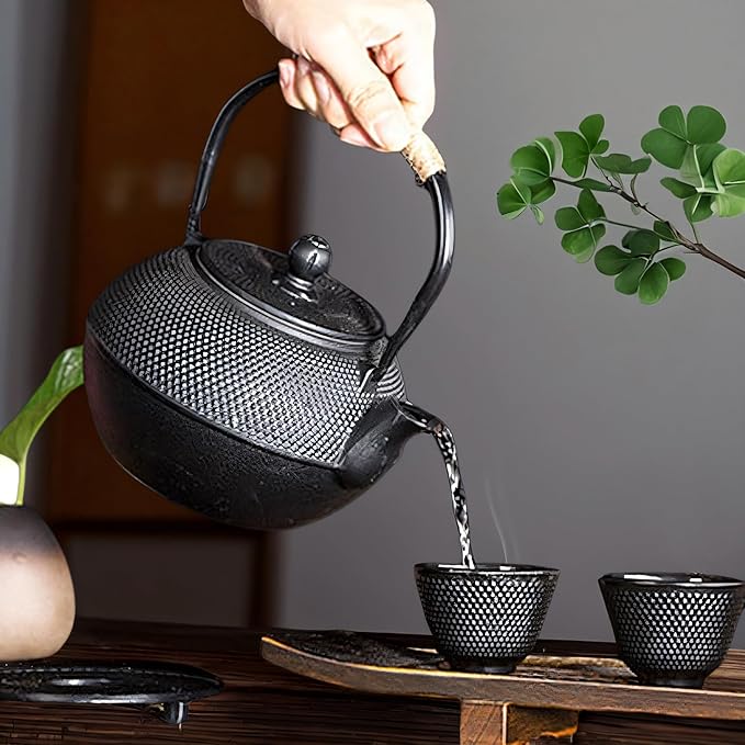 Japanese Cast Iron Tea Cups, Small and Heavy Teacups with no Handles, Japanese Style Cup for Adults, Asian Teacups, Coated with Enameled Interior, 4 Pcs/Box (Black, 2oz/60ml)