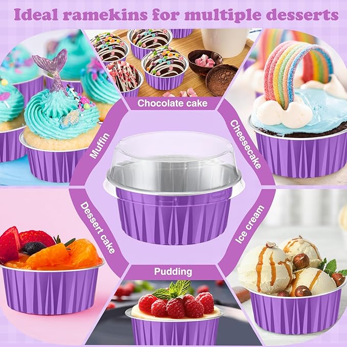 Gejoy 400 Pcs Aluminum Foil Baking Cups with Lids 5 oz Disposable Ramekins Mini Cake Pans Creme Brulee Cupcake Liners Muffin Tins Flan Mold Dessert Container for Wedding(Purple,Classic)
