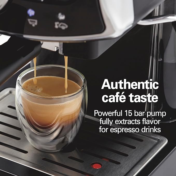 Hamilton Beach Slide & Lock Espresso Machine With Milk Frother Steam Wand For Cappuccino & Latte, 15 Bar Pump and Two Spouts, Removable Reservoir, Compact, Retro Design, Black (40730)