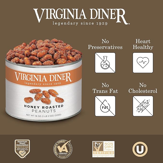 Virginia Diner Honey Roasted Peanuts - Sweet & Salty Gourmet Non-GMO, Preservative Free Gifts from Virginia Since 1929-18 Oz Can