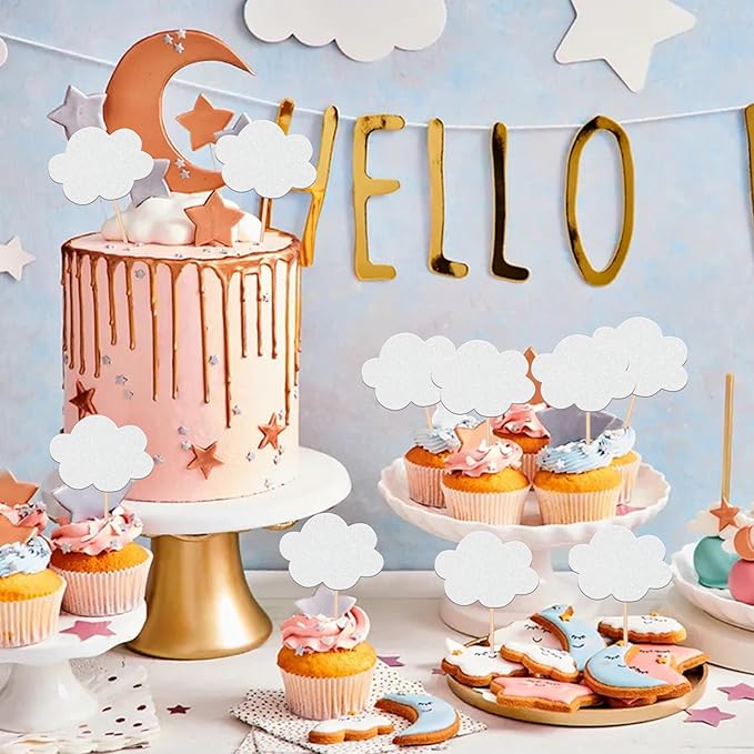 24 PCS Cloud Cupcake Toppers Glitter Glitter White Clouds Cupcake Picks Cloud Baby Shower Decorations for Baby Shower Birthday Wedding Party Cake Decorations Supplies