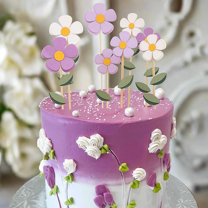 8Pcs Purple White Flowers Cake Toppers - Spring Floral Birthday Wedding Decorations,Bohemian Flower Party Cupcake Toppers,Purple Daisy Floral Cake Centerpieces,Sweet Garden Party Photo Props