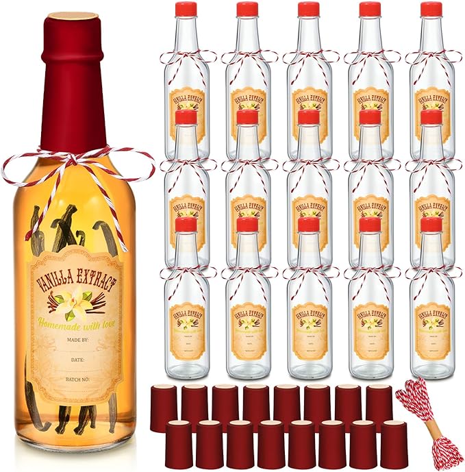 Tioncy 16 Pcs Vanilla Extract Bottles for Homemade Vanilla Jar Glass Bottle with Cap, Shrink Band, Sticker Syrup Gift Food Storage Canister for Bean Sauce Spice(Red,8.5 oz)