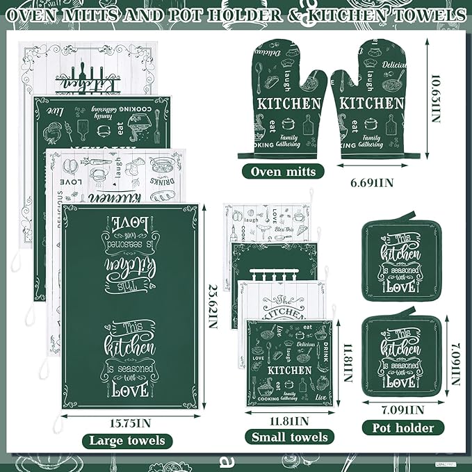 Bencailor 12 Pcs Farmhouse Kitchen Decor Sets, 8 Green Kitchen Dish Towels 2 Pot Holders 2 Oven Mitts Glove, Rustic Hand Towels and Dishcloths Sets for Home Decorations Accessories Christmas Mom Gifts