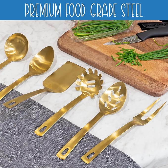 Darware Complete Serving Spoon & Utensil Set (6-Piece Set, Gold); w/Pasta Server, Fork, Spoon, Slotted Spoon, Ladle, & Cake/Casserole Server, SH_2629