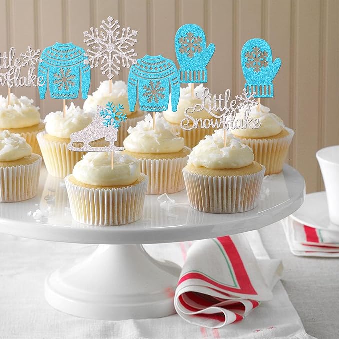 30 PCS Snowflake Cupcake Toppers Glitter Skate Shoe Gloves Sweater Cupcake Picks for Snowflake Theme Winter Wonderland Baby Shower Birthday Merry Christmas Party Cake Decorations Supplies