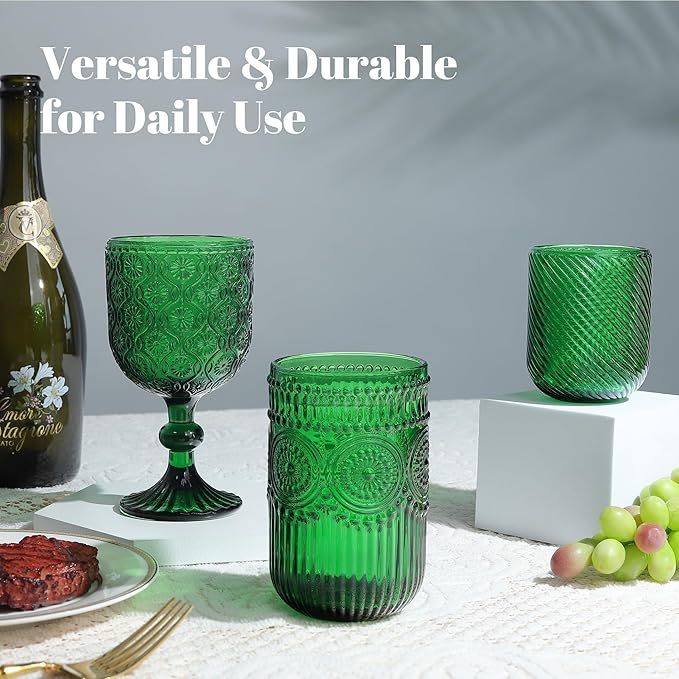 Joeyan Vintage Drinking Glasses Set of 4,14 oz Green Embossed Sunflower Beaded Highball Glass Water Tumbler Cups,Colored Romantic Glassware for Beverages Cocktail Juice Wine,Dishwasher Safe