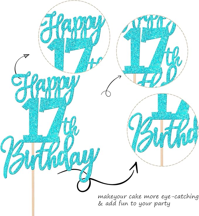 1 PCS Happy 17th Birthday Cake Topper Glitter Cheers to 17 Years Birthday Cake Pick Seventeen Hello 17 Cake Decoration for Happy 17th Birthday Anniversary Theme Party Decorations Supplies Blue