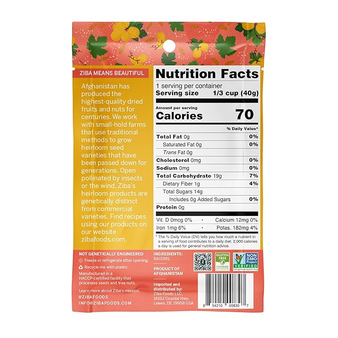 Ziba Foods Kishmish Raisins | Non-GMO, Vegan, Whole 30 Friendly & Paleo | Superfood Naturally High in Fiber, Iron and Immune Boosting Antioxidants, Pack of 6