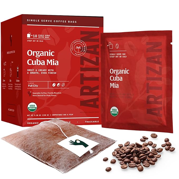 Artizan Organic Single-Serve Coffee Bags – Cuba Mia Blend | Full City Roast | 10 Count | On-the-Go Convenience - No Equipment Needed | Specialty Grade, Craft Roasted, Nitro-Sealed, Compostable