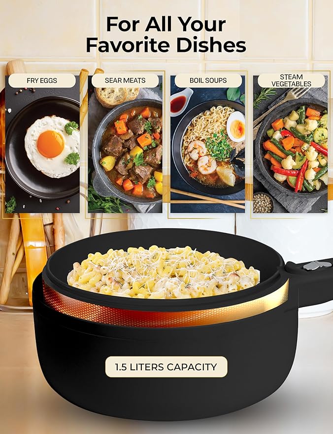 Electric Hot Pot with Lid and Steamer, 1.5L Non Toxic Ceramic Cooker Skillet for Ramen, Eggs, Pasta Portable and Compact for Dorms, Camping, RVs, Work, Adjustable Temperature